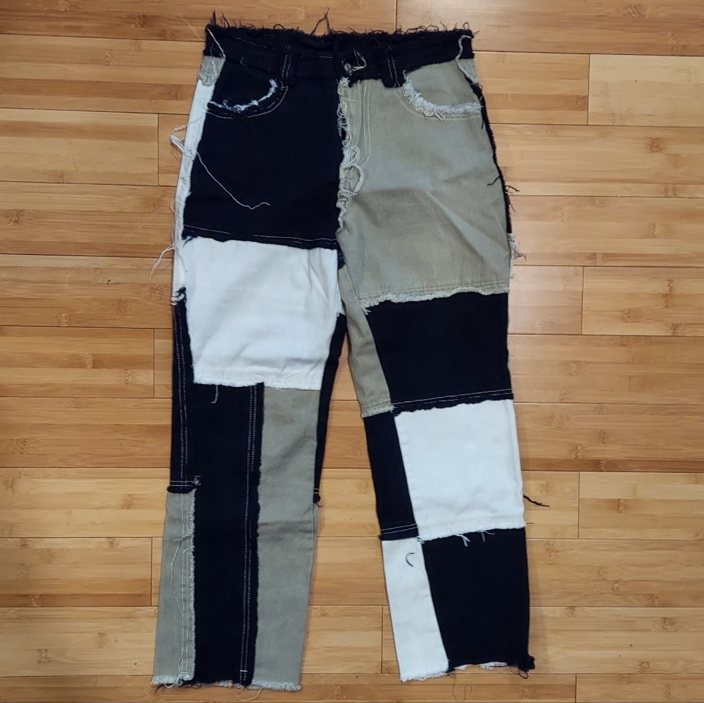 Distressed Patchwork Pants in Black, White, and Tan Women's Size Medium